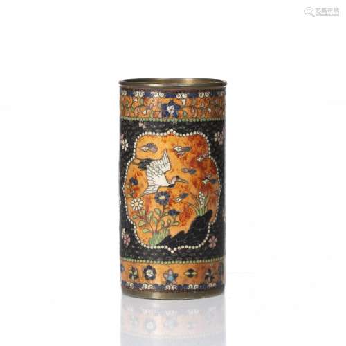 Cloisonne brush pot Chinese with gold panels of blossom and ...