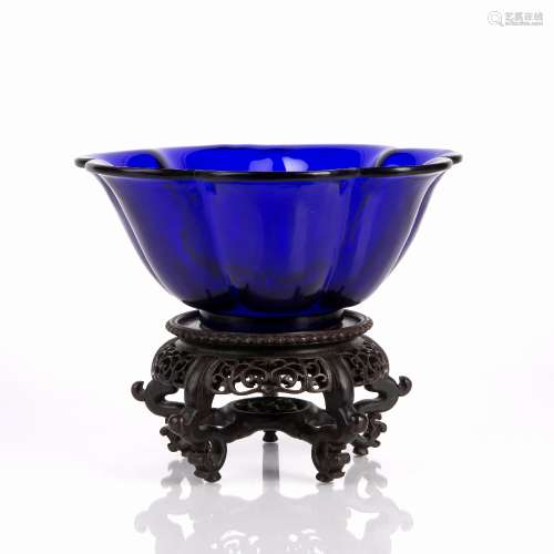 Peking blue glass bowl Chinese, 19th Century of lotus form, ...