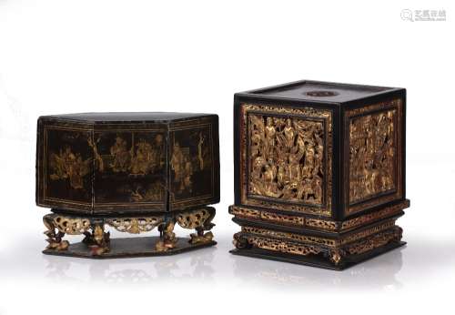 Carved lacquer wooden 'temple' box and stand Chinese made fo...