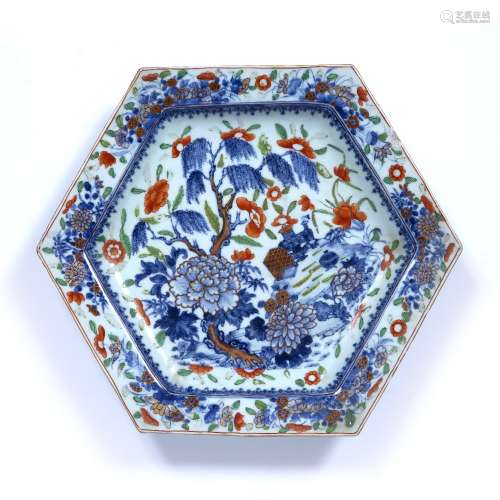 Jingdezhen hexagonal dish Chinese, 19th Century painted with...