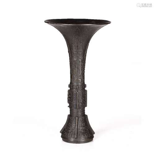 Large bronze gu vase Chinese, 19th Century with taotie desig...