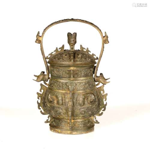 Bronze Shang dynasty style vessel (you) Chinese with loop ha...