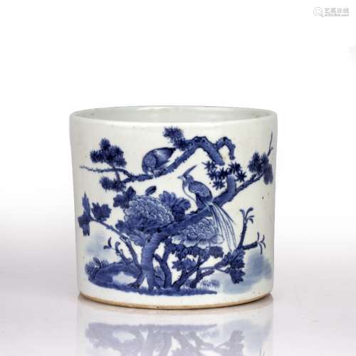 Blue and white brush pot Chinese decorated to the exterior w...