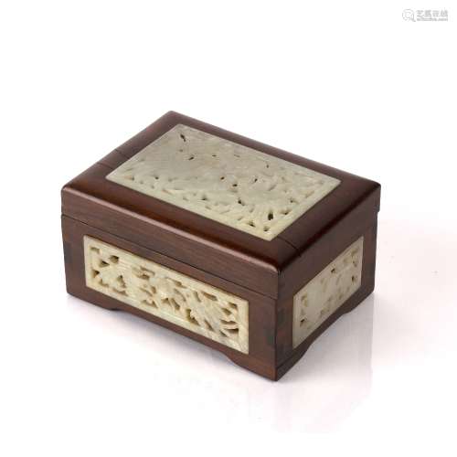 Hardwood box Chinese with jade insets carved with birds and ...