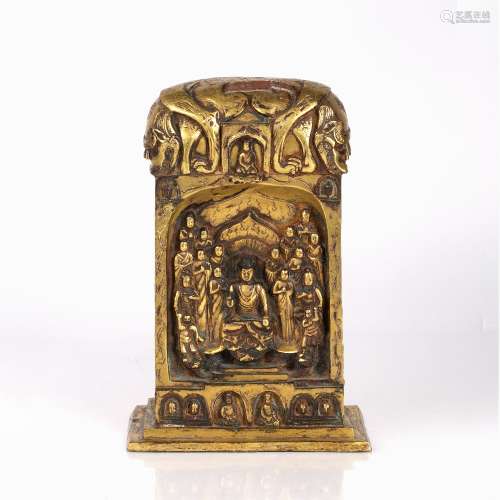 Gilt bronze shrine Sino-Tibetan, each side with various rece...