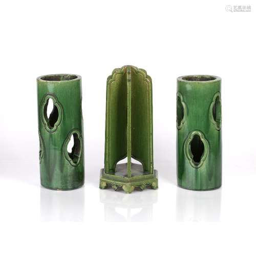 Pair of green glazed cylindrical hat stands Chinese, 19th Ce...