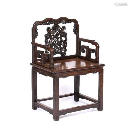 Carved rosewood armchair Chinese, 19th Century with bird, ru...
