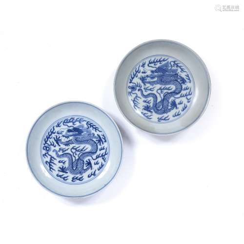Pair of blue and white 'Dragon' dishes Chinese, Daoguang mar...