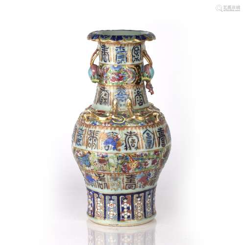 Canton celadon ground vase Chinese, 19th Century with phoeni...