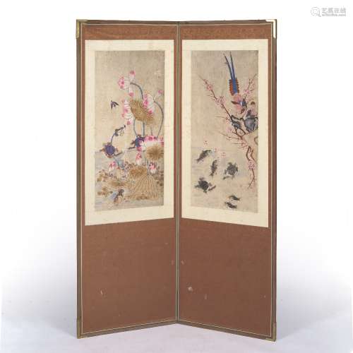 Two fold Chinese screen each panel with watercolour panel de...