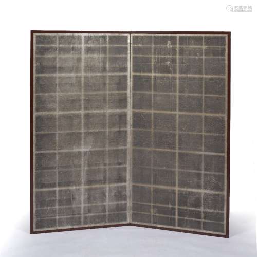 Two fold Japanese silk screen with lattice effect panel, 149...