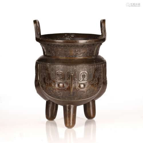 Large bronze tripod censer Chinese, 19th Century with archai...