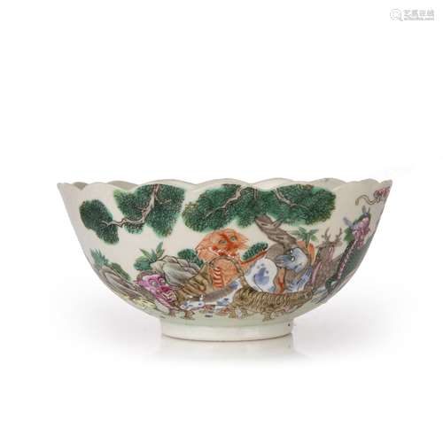 Porcelain scalloped bowl Chinese painted in enamels with bat...