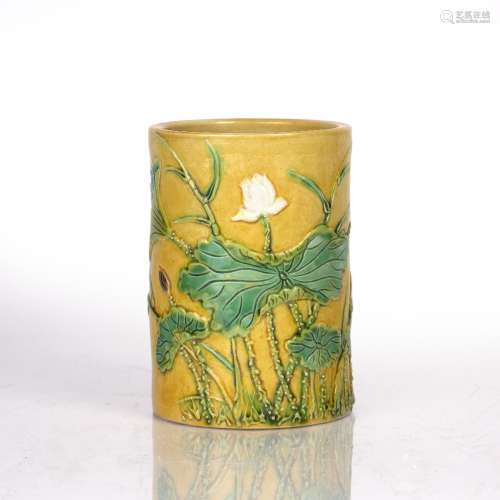 Yellow glazed brushpot Chinese, 19th Century the exterior wi...