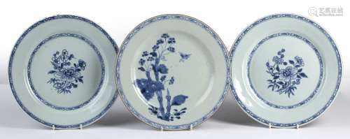 Three blue and white plates Chinese, 18th/19th Century compr...