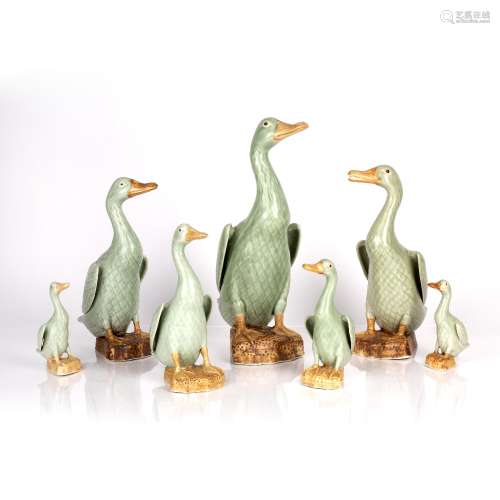 Graduated group of celadon porcelain model ducks Chinese, 20...