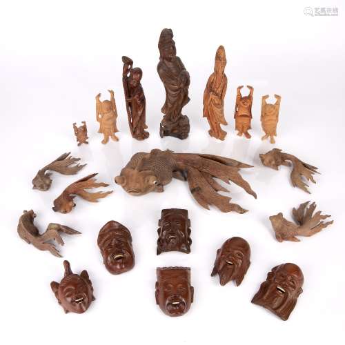 Group of carved wood pieces Chinese and South East Asian inc...