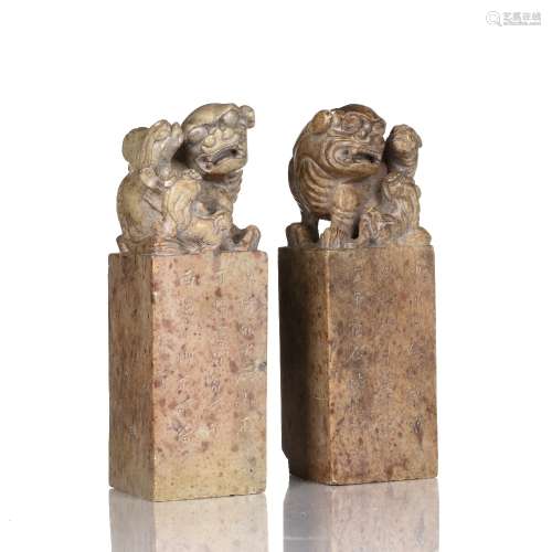 Pair of soapstone large seals Chinese, 19th Century with dog...