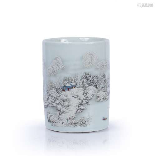 Painted ceramic brush pot Chinese, 20th Century decorated to...