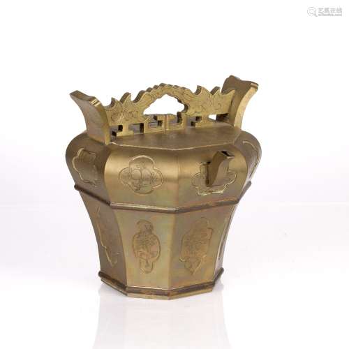 Engraved octagonal brass wine pot Chinese, early 20th Centur...