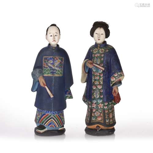 Pair of trade painted clay nodding head figures Chinese, 19t...