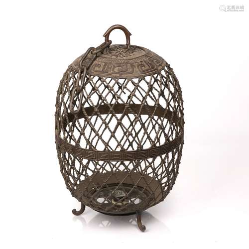 Bronze lantern Chinese of cricket cage form, with Taoist mot...