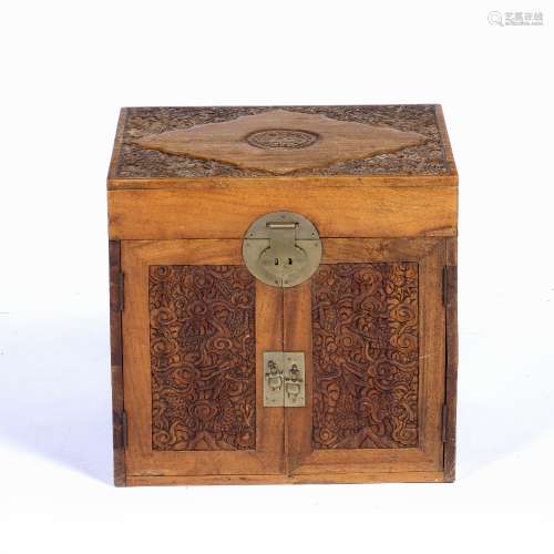 Wooden document box Chinese carved to the front with two pan...