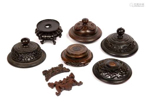 Group of carved wooden stands and covers Chinese including f...