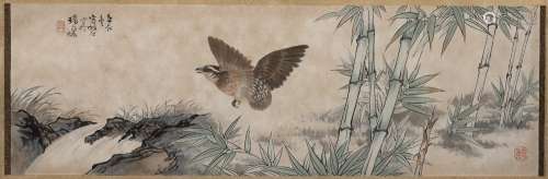 Rong Sushi (1901-1996) depicting a quail amongst bamboo, ink...
