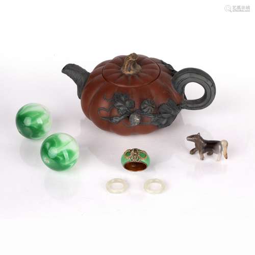 Group of objects Chinese including a Yixing teapot with appl...