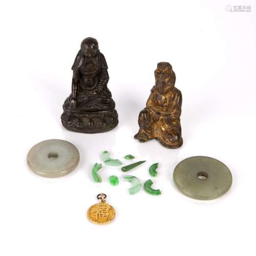 Group of objects Chinese to include two bronzes of figures, ...