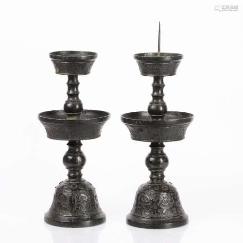 Pair of bronze Ming style temple candlesticks Chinese, 19th ...