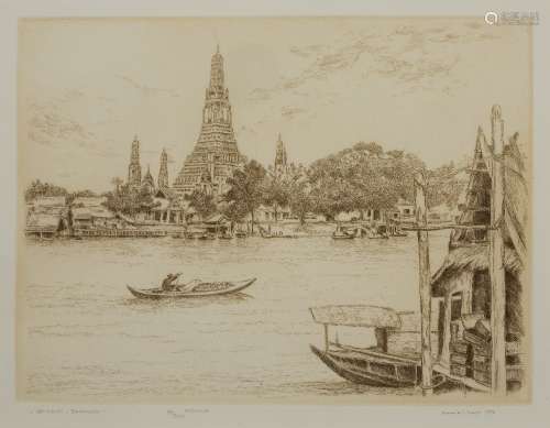 M Deja (Contemporary) 'Vat Arun, Bangkok' etching, numbered ...