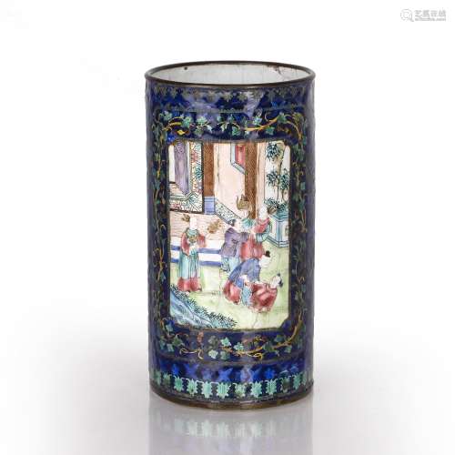 Enamel brush pot Chinese, 19th Century painted with two pane...