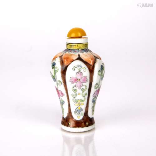 Ceramic snuff bottle Chinese depicting six panels of flowers...