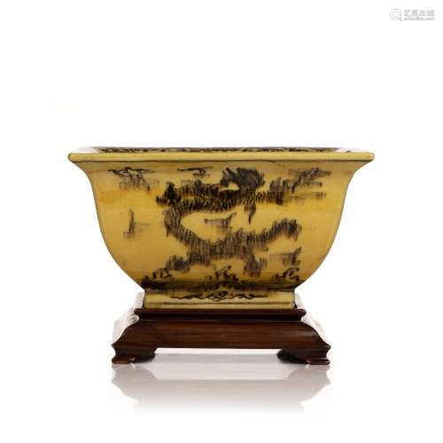 Yellow glazed bowl Chinese of four sided form, decorated to ...