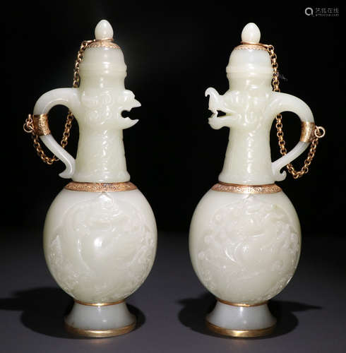 PAIR OF HETIAN JADE SEED WITH GILT DECORATED POTS