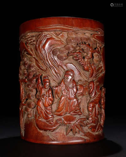 BAMBOO CARVED FIGURE PATTERN BRUSH POT