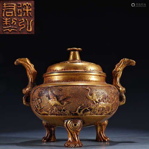 GILT BRONZE CAST CRANE PATTERN CENSER