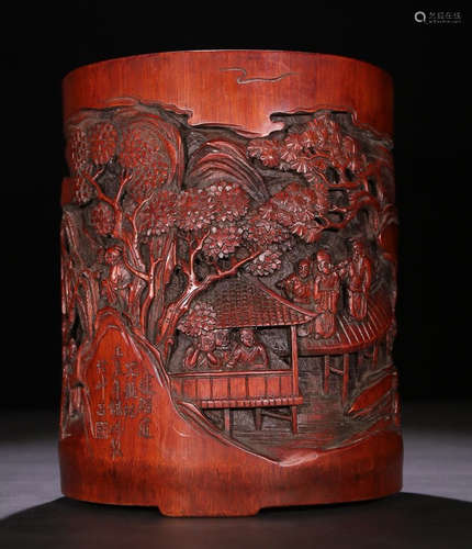 BAMBOO CARVED FIGURE PATTERN BRUSH POT