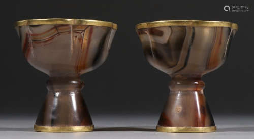 PAIR OF AGATE WITH GILT DECORATED CUPS