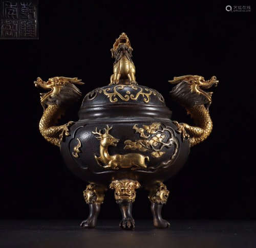 GILT BRONZE CAST DOUBLE EAR CENSER