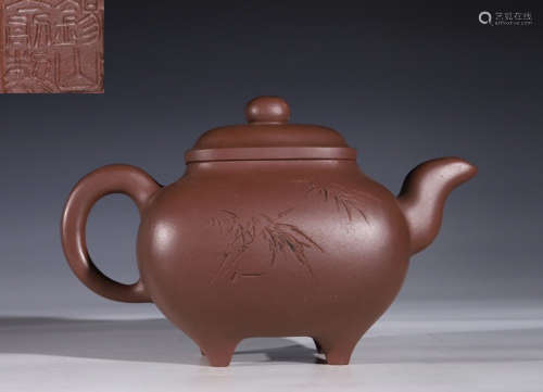 ZISHA CARVED BAMBOO PATTERN TEAPOT