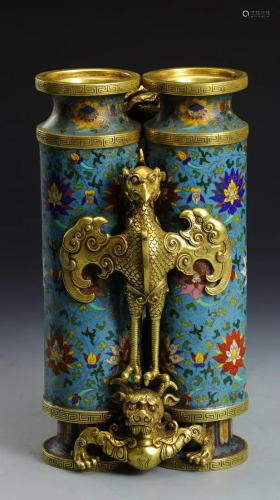 CHINESE CLOISONNE GILT DOUBLE INCENSE TUBE