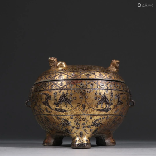CHINESE GILT BRONZE TRIPOD CENSER WITH LID