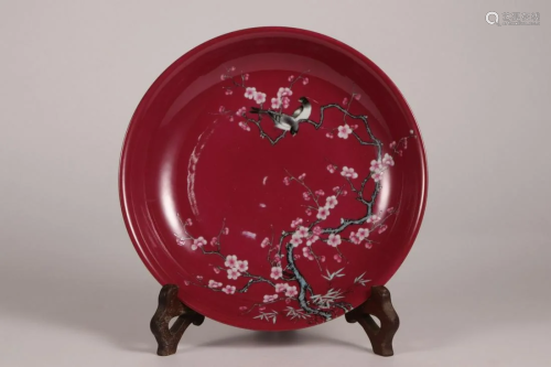 CHINESE RED GROUND FAMILLE ROSE PLATE,YONGZHENG …