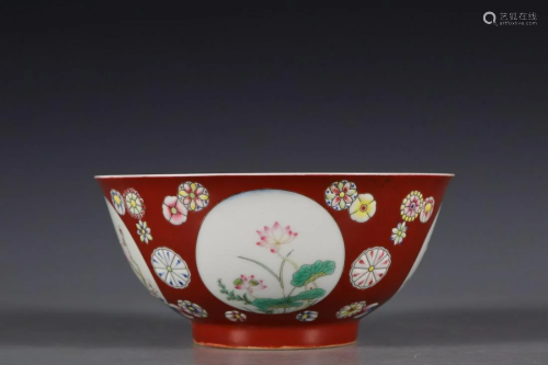 CHINESE RED GROUND FAMILLE ROSE BOWL , YONGZHEN…