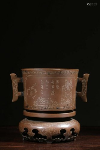 CHINESE INLAID SILVER BRONZE CENSER WITH BRONZE ST…