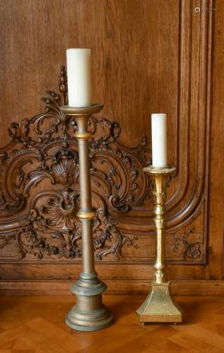 A GILT AND A SILVERED CANDLESTAND (2). 1ft 10ins and 2ft 6in...
