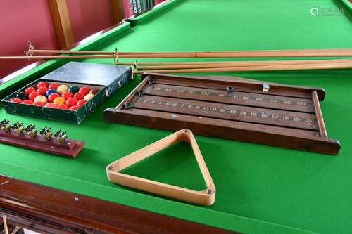 SNOOKER BALLS, SCOREBOARD, CUES, ETC.